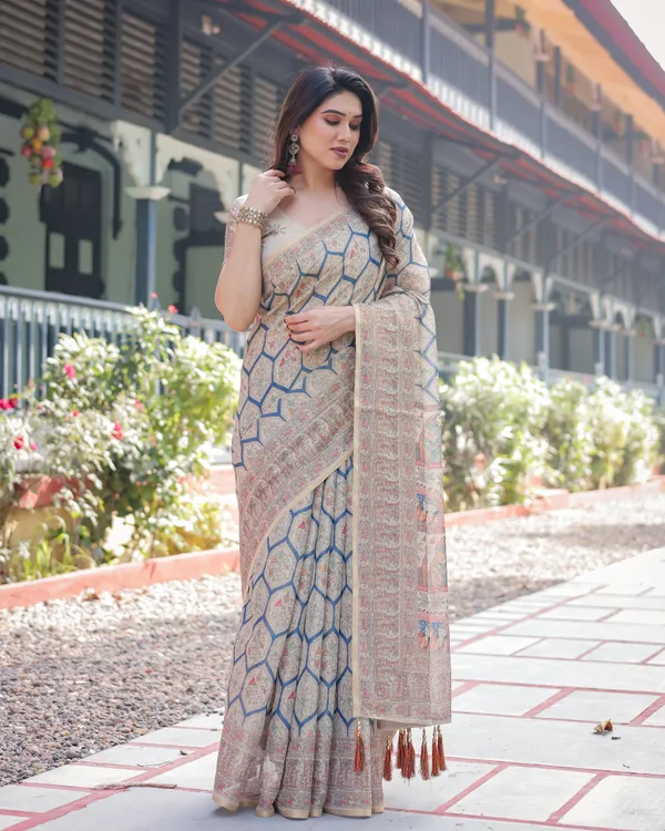 Classic_Beige_Handloom_Cotton-Linen_Saree_with_Madhubani-Inspired_Prints_and_Zari_Highlights