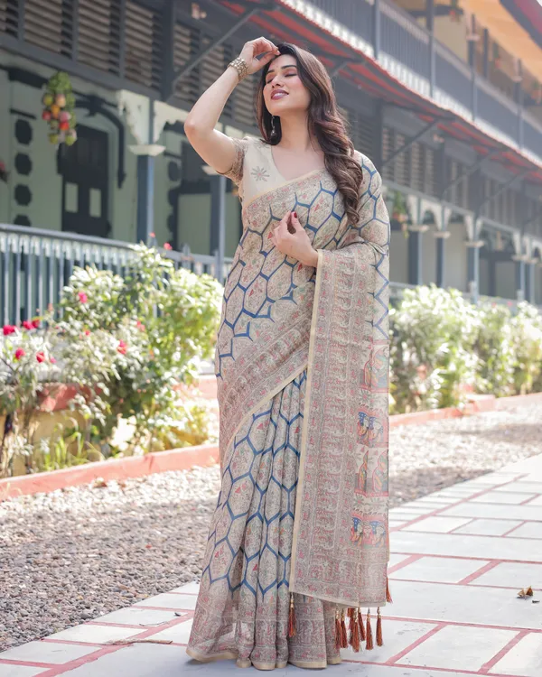 Classic_Beige_Handloom_Cotton-Linen_Saree_with_Madhubani-Inspired_Prints_and_Zari_Highlights