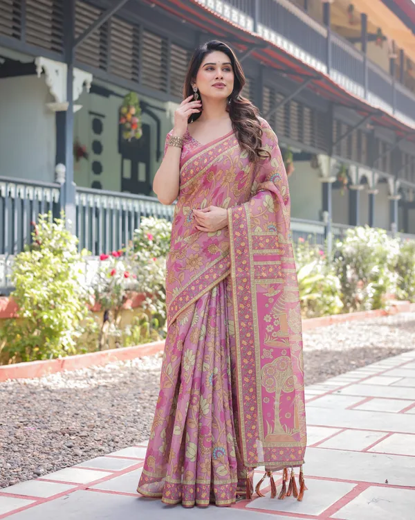 Regal_Pink_Handloom_Cotton-Linen_Saree_with_Floral_Motifs,_Golden_Zari_Highlights,_and_Tassel_Detailing