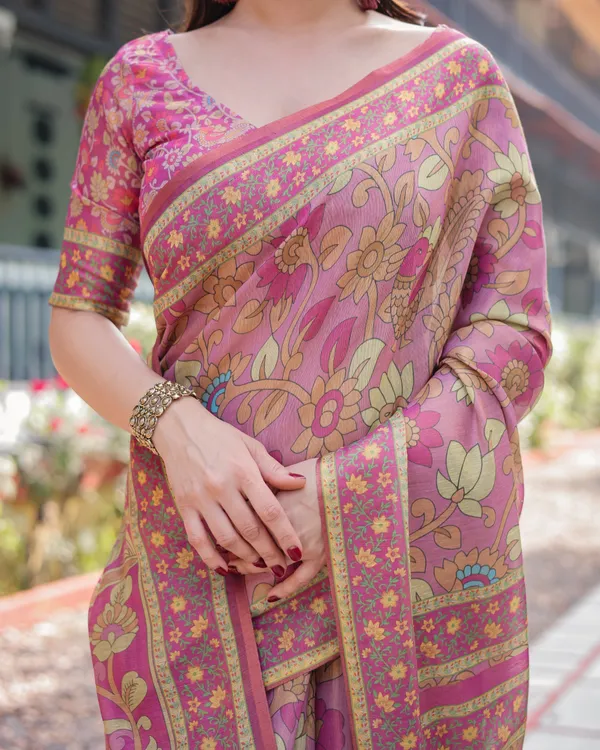 Regal_Pink_Handloom_Cotton-Linen_Saree_with_Floral_Motifs,_Golden_Zari_Highlights,_and_Tassel_Detailing