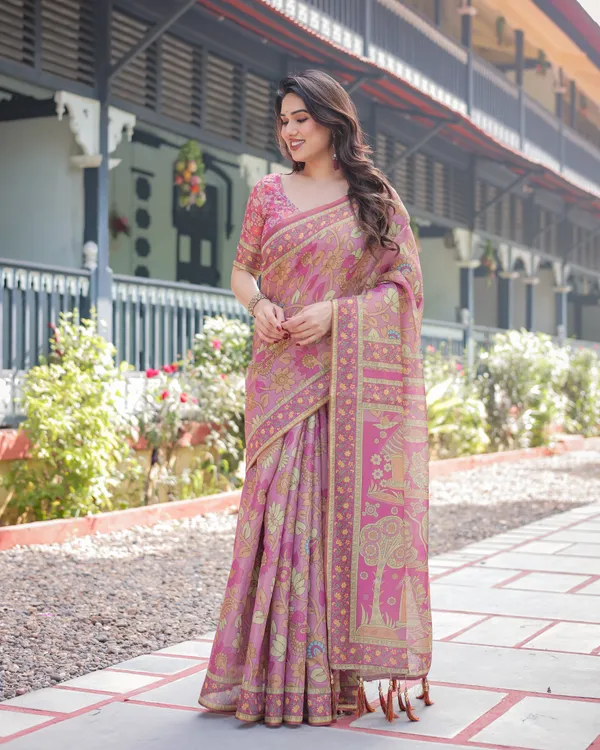 Regal_Pink_Handloom_Cotton-Linen_Saree_with_Floral_Motifs,_Golden_Zari_Highlights,_and_Tassel_Detailing