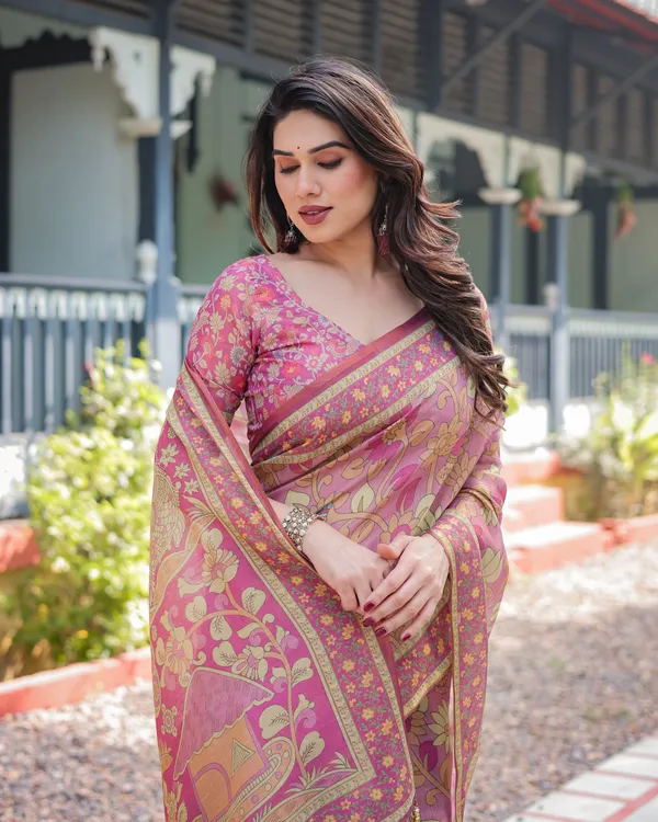 Regal_Pink_Handloom_Cotton-Linen_Saree_with_Floral_Motifs,_Golden_Zari_Highlights,_and_Tassel_Detailing