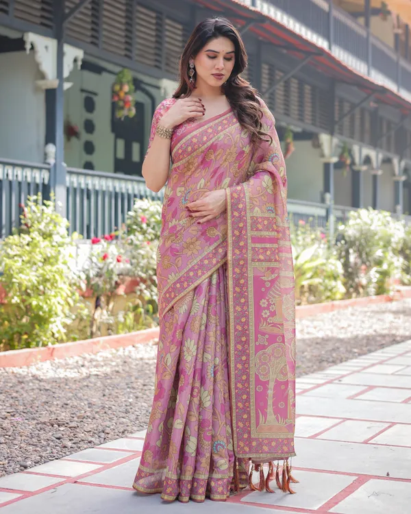 Regal_Pink_Handloom_Cotton-Linen_Saree_with_Floral_Motifs,_Golden_Zari_Highlights,_and_Tassel_Detailing
