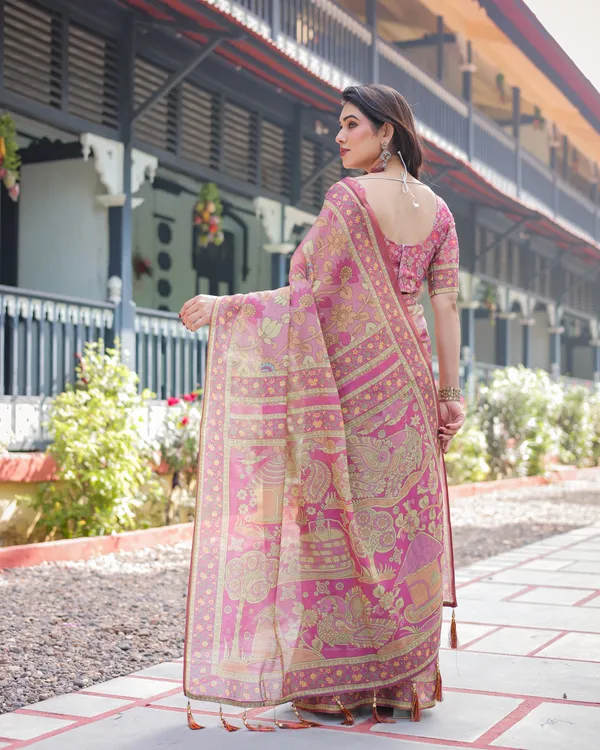 Regal_Pink_Handloom_Cotton-Linen_Saree_with_Floral_Motifs,_Golden_Zari_Highlights,_and_Tassel_Detailing