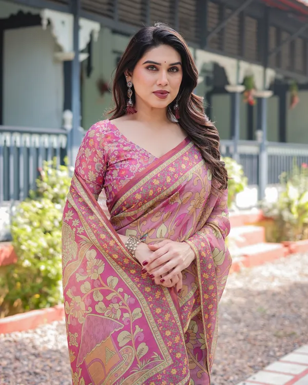 Regal_Pink_Handloom_Cotton-Linen_Saree_with_Floral_Motifs,_Golden_Zari_Highlights,_and_Tassel_Detailing