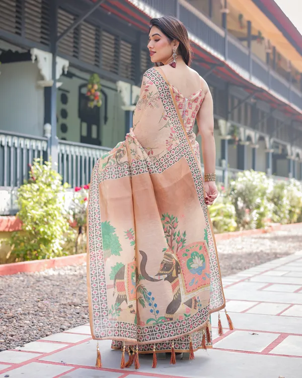 Beige_Handloom_Cotton-Linen_Saree_with_Elephant_Motifs_and_Geometric_Border_Design