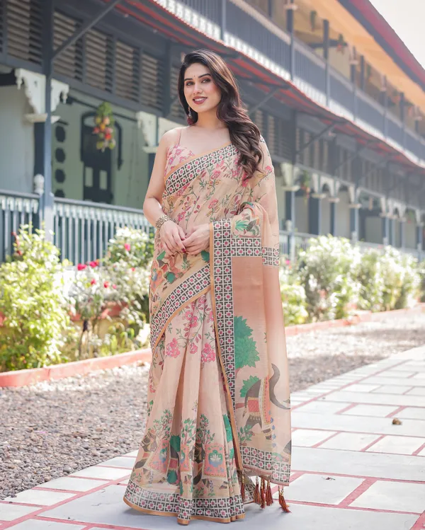 Beige_Handloom_Cotton-Linen_Saree_with_Elephant_Motifs_and_Geometric_Border_Design