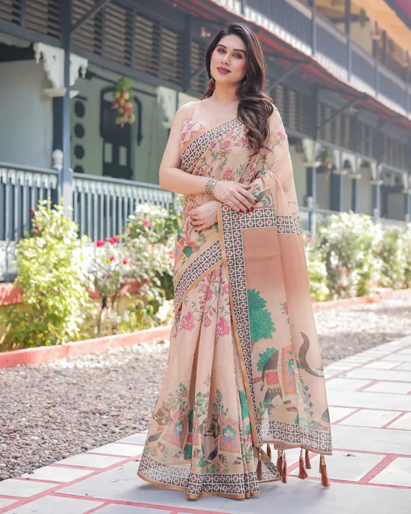 Beige_Handloom_Cotton-Linen_Saree_with_Elephant_Motifs_and_Geometric_Border_Design