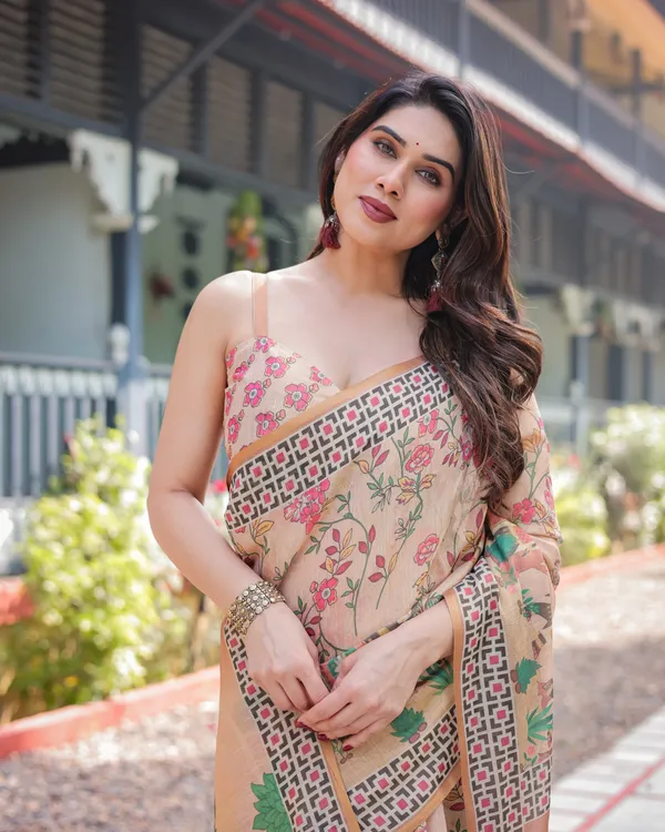 Beige_Handloom_Cotton-Linen_Saree_with_Elephant_Motifs_and_Geometric_Border_Design