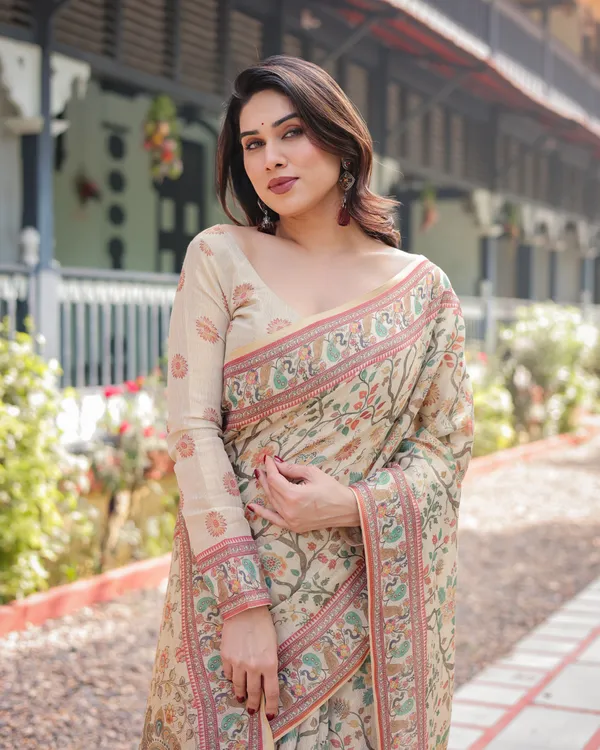 Ivory_Handloom_Cotton-Linen_Saree_with_Floral_and_Peacock_Motifs,_Zari_Highlights,_and_Tassel_Finish