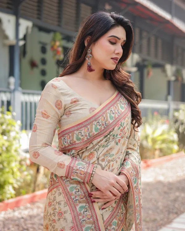 Ivory_Handloom_Cotton-Linen_Saree_with_Floral_and_Peacock_Motifs,_Zari_Highlights,_and_Tassel_Finish
