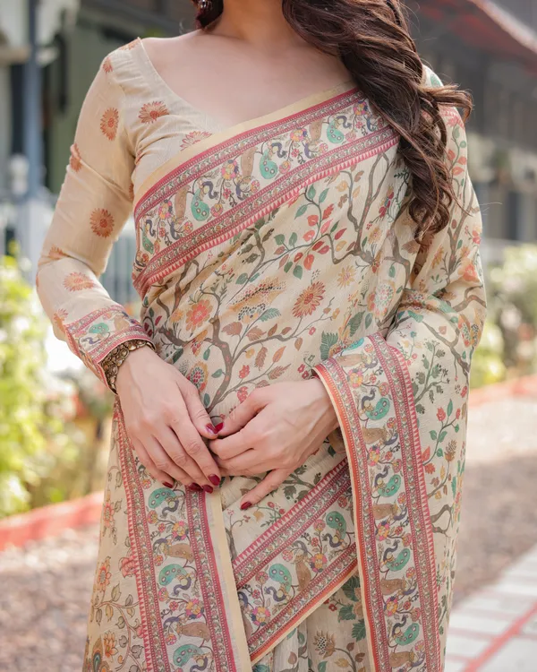 Ivory_Handloom_Cotton-Linen_Saree_with_Floral_and_Peacock_Motifs,_Zari_Highlights,_and_Tassel_Finish