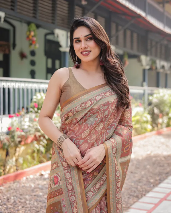 Rust_and_Gold_Handloom_Cotton-Linen_Saree_with_Floral_Motifs_and_Rich_Zari_Border