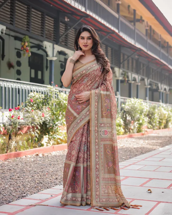 Rust_and_Gold_Handloom_Cotton-Linen_Saree_with_Floral_Motifs_and_Rich_Zari_Border