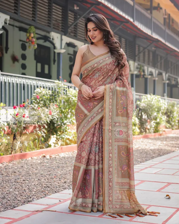 Rust_and_Gold_Handloom_Cotton-Linen_Saree_with_Floral_Motifs_and_Rich_Zari_Border