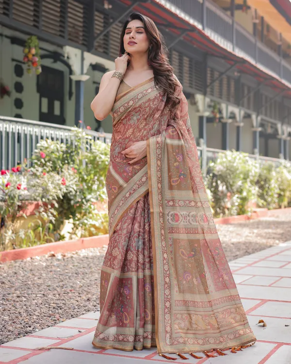 Rust_and_Gold_Handloom_Cotton-Linen_Saree_with_Floral_Motifs_and_Rich_Zari_Border