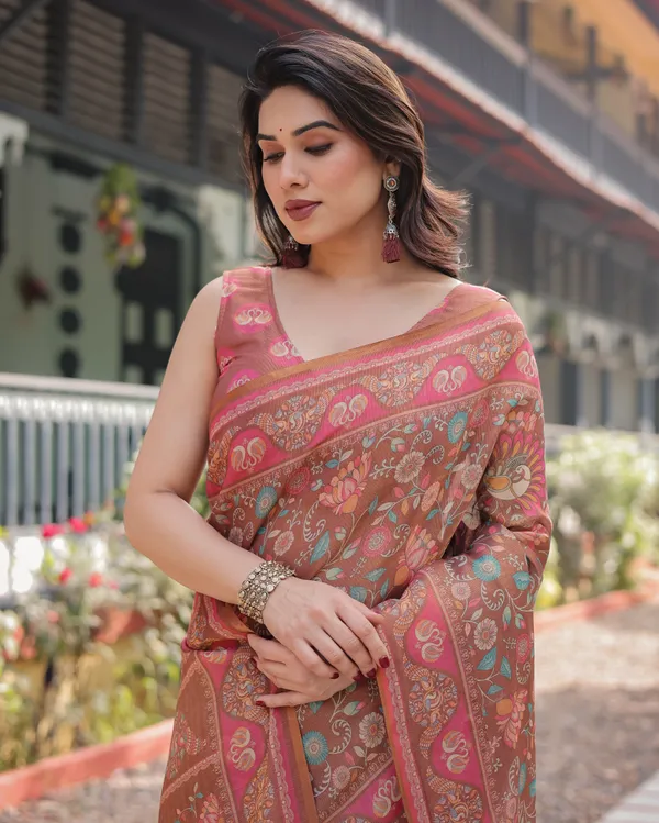 Copper_Brown_Handloom_Cotton-Linen_Saree_with_Floral_Motifs_and_Vibrant_Pink_Accents