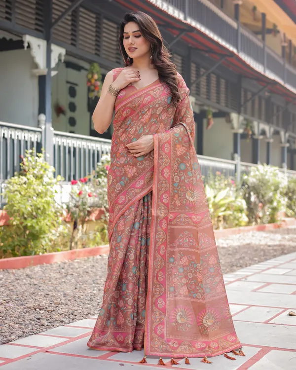 Copper_Brown_Handloom_Cotton-Linen_Saree_with_Floral_Motifs_and_Vibrant_Pink_Accents