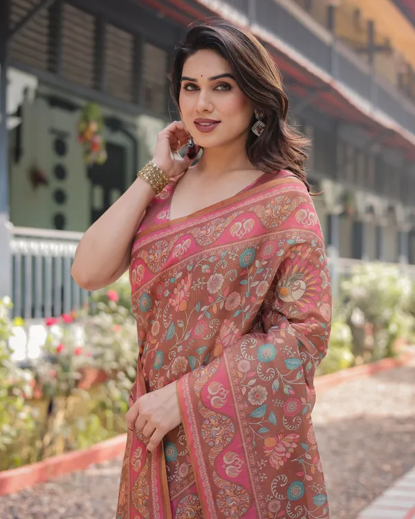 Copper_Brown_Handloom_Cotton-Linen_Saree_with_Floral_Motifs_and_Vibrant_Pink_Accents