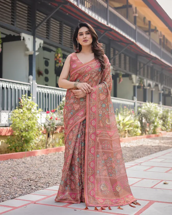 Copper_Brown_Handloom_Cotton-Linen_Saree_with_Floral_Motifs_and_Vibrant_Pink_Accents