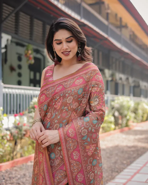 Copper_Brown_Handloom_Cotton-Linen_Saree_with_Floral_Motifs_and_Vibrant_Pink_Accents