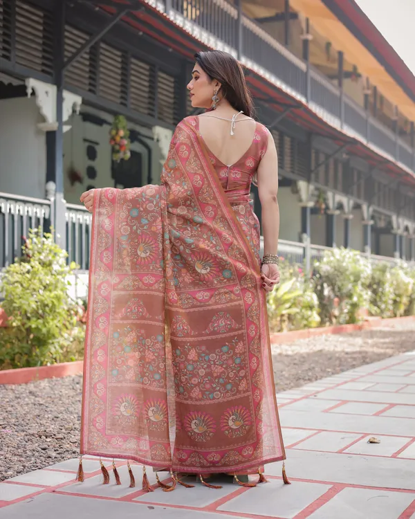 Copper_Brown_Handloom_Cotton-Linen_Saree_with_Floral_Motifs_and_Vibrant_Pink_Accents