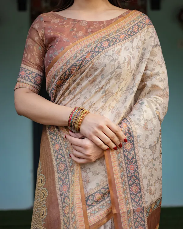 Beige_and_Rust_Handloom_Cotton-Linen_Saree_with_Floral_Motifs_and_Peacock_Pallu