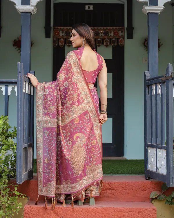 Magenta_Handloom_Cotton-Linen_Saree_with_Gold_Floral_Motifs_and_Peacock_Pallu