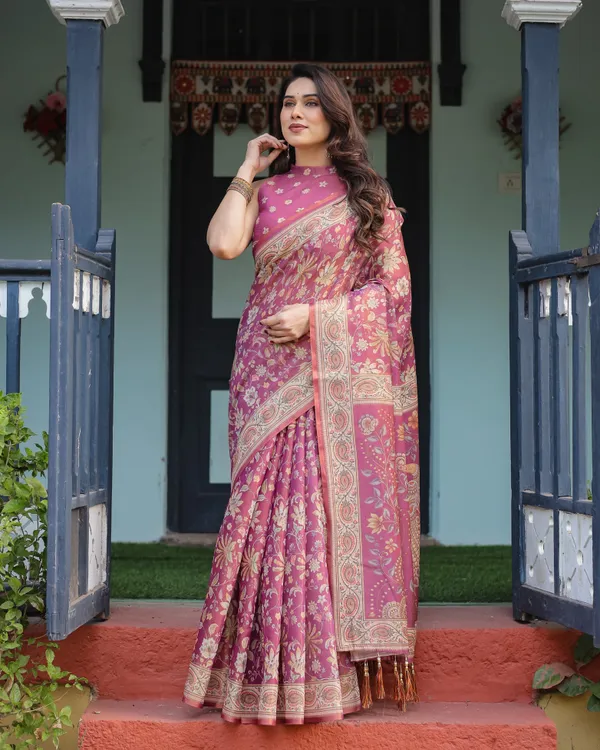 Magenta_Handloom_Cotton-Linen_Saree_with_Gold_Floral_Motifs_and_Peacock_Pallu