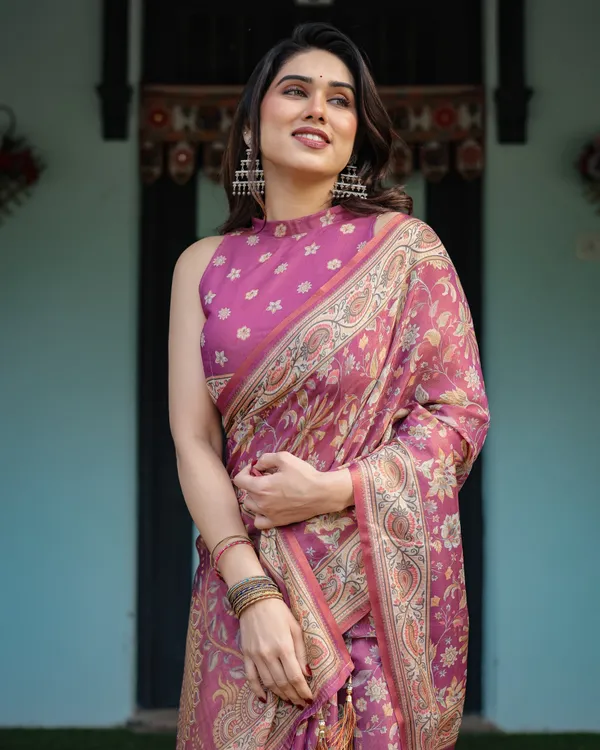 Magenta_Handloom_Cotton-Linen_Saree_with_Gold_Floral_Motifs_and_Peacock_Pallu
