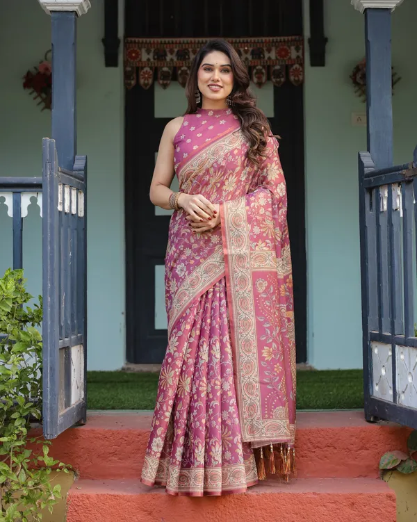 Magenta_Handloom_Cotton-Linen_Saree_with_Gold_Floral_Motifs_and_Peacock_Pallu