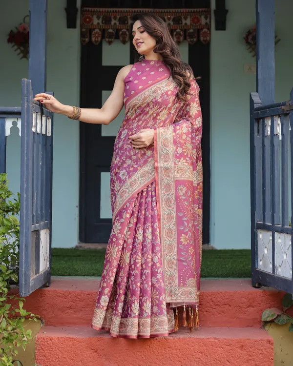 Magenta_Handloom_Cotton-Linen_Saree_with_Gold_Floral_Motifs_and_Peacock_Pallu