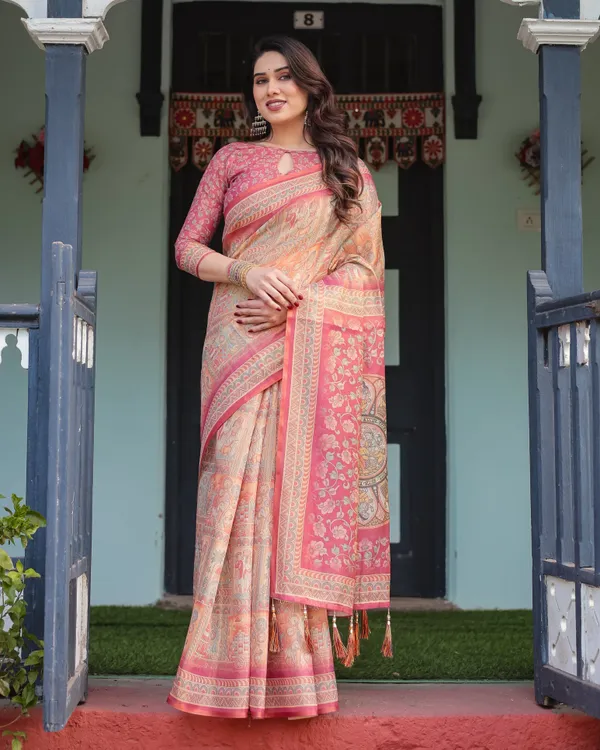Peach_and_Pink_Handloom_Cotton-Linen_Saree_with_Mythological_Motifs_and_Floral_Pallu