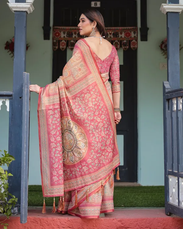 Peach_and_Pink_Handloom_Cotton-Linen_Saree_with_Mythological_Motifs_and_Floral_Pallu