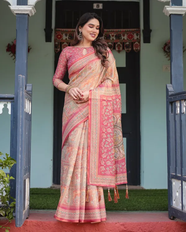 Peach_and_Pink_Handloom_Cotton-Linen_Saree_with_Mythological_Motifs_and_Floral_Pallu