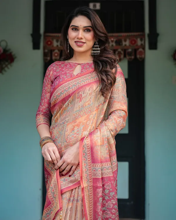 Peach_and_Pink_Handloom_Cotton-Linen_Saree_with_Mythological_Motifs_and_Floral_Pallu