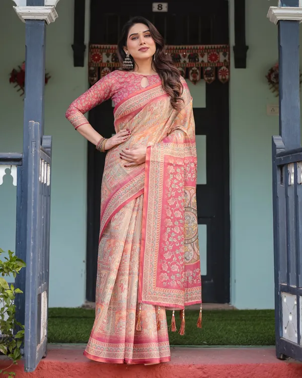 Peach_and_Pink_Handloom_Cotton-Linen_Saree_with_Mythological_Motifs_and_Floral_Pallu