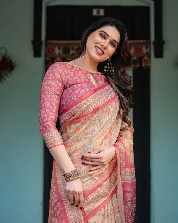Peach_and_Pink_Handloom_Cotton-Linen_Saree_with_Mythological_Motifs_and_Floral_Pallu