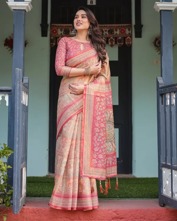 Peach_and_Pink_Handloom_Cotton-Linen_Saree_with_Mythological_Motifs_and_Floral_Pallu
