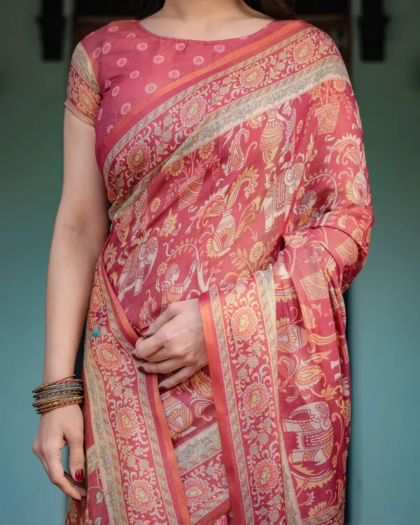 Crimson_Red_Handloom_Cotton-Linen_Saree_with_Mythological_Motifs_and_Floral_Border