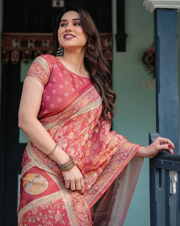 Crimson_Red_Handloom_Cotton-Linen_Saree_with_Mythological_Motifs_and_Floral_Border