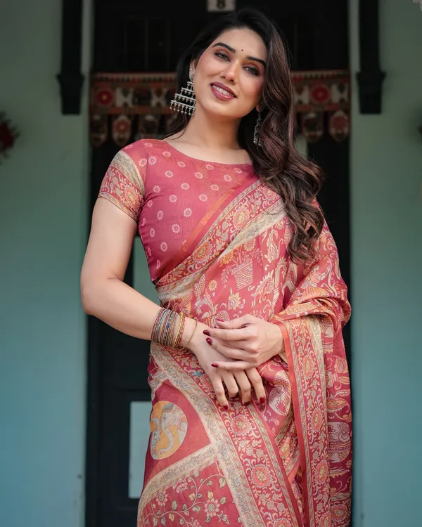 Crimson_Red_Handloom_Cotton-Linen_Saree_with_Mythological_Motifs_and_Floral_Border