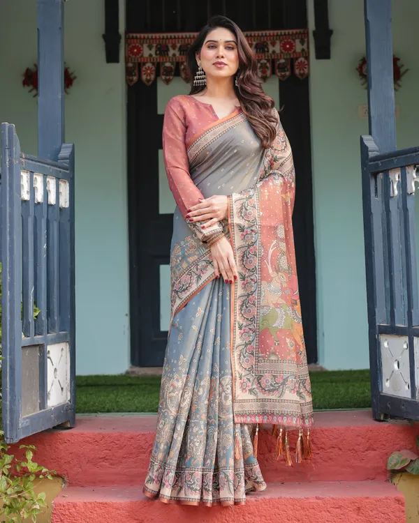 Slate_Blue_Handloom_Cotton-Linen_Saree_with_Vibrant_Folk_Motifs_and_Floral_Pallu