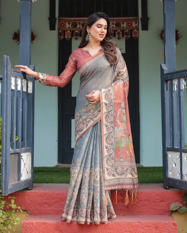 Slate_Blue_Handloom_Cotton-Linen_Saree_with_Vibrant_Folk_Motifs_and_Floral_Pallu