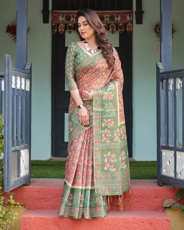 Green_and_Red_Handloom_Cotton-Linen_Saree_with_Elephant_Motifs_and_Floral_Detailing