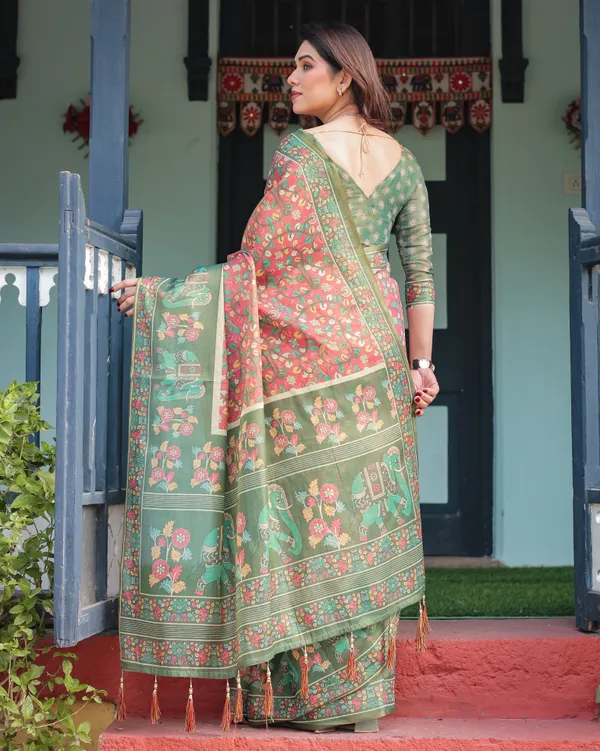 Green_and_Red_Handloom_Cotton-Linen_Saree_with_Elephant_Motifs_and_Floral_Detailing