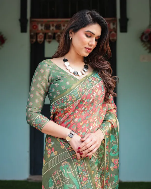 Green_and_Red_Handloom_Cotton-Linen_Saree_with_Elephant_Motifs_and_Floral_Detailing