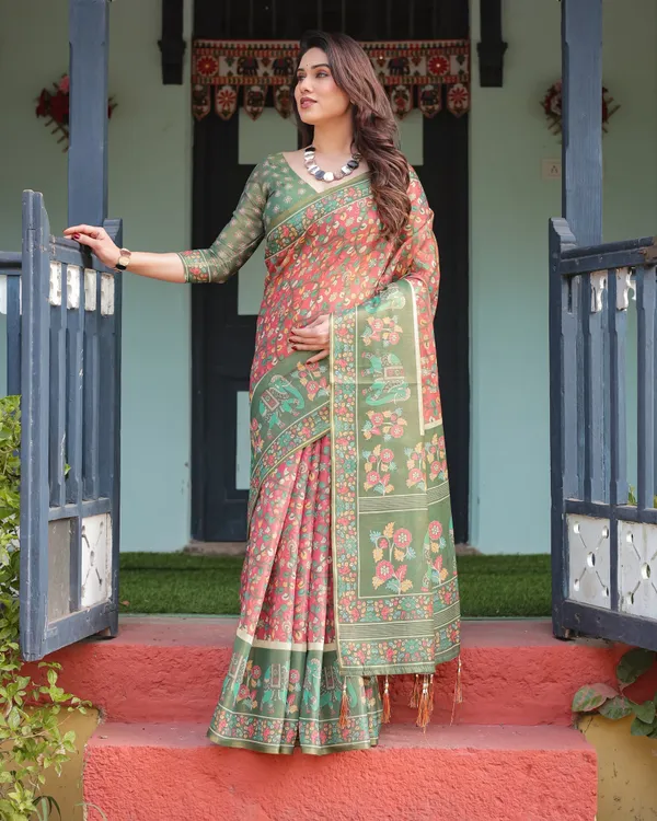 Green_and_Red_Handloom_Cotton-Linen_Saree_with_Elephant_Motifs_and_Floral_Detailing