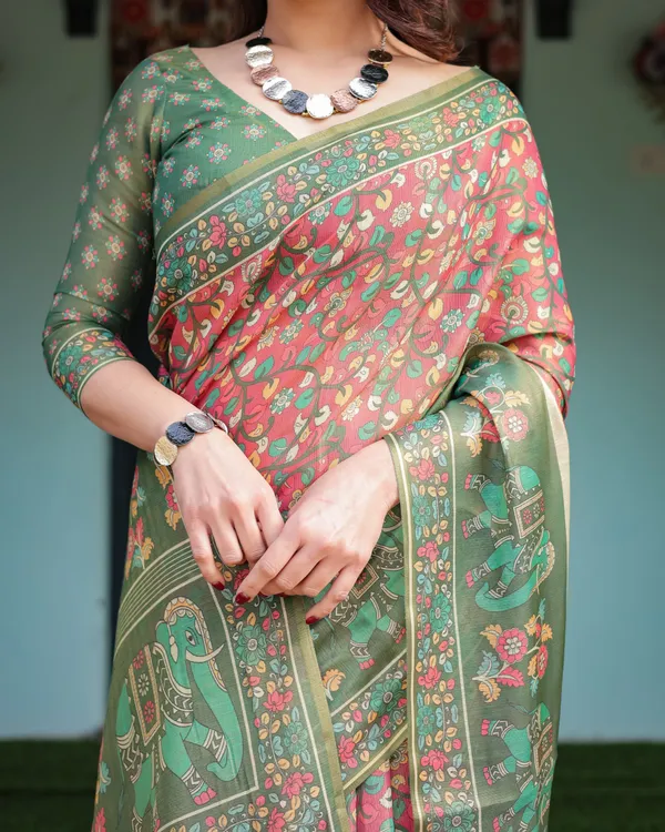 Green_and_Red_Handloom_Cotton-Linen_Saree_with_Elephant_Motifs_and_Floral_Detailing
