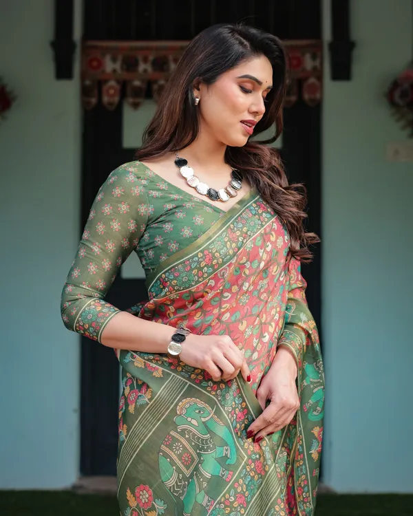 Green_and_Red_Handloom_Cotton-Linen_Saree_with_Elephant_Motifs_and_Floral_Detailing